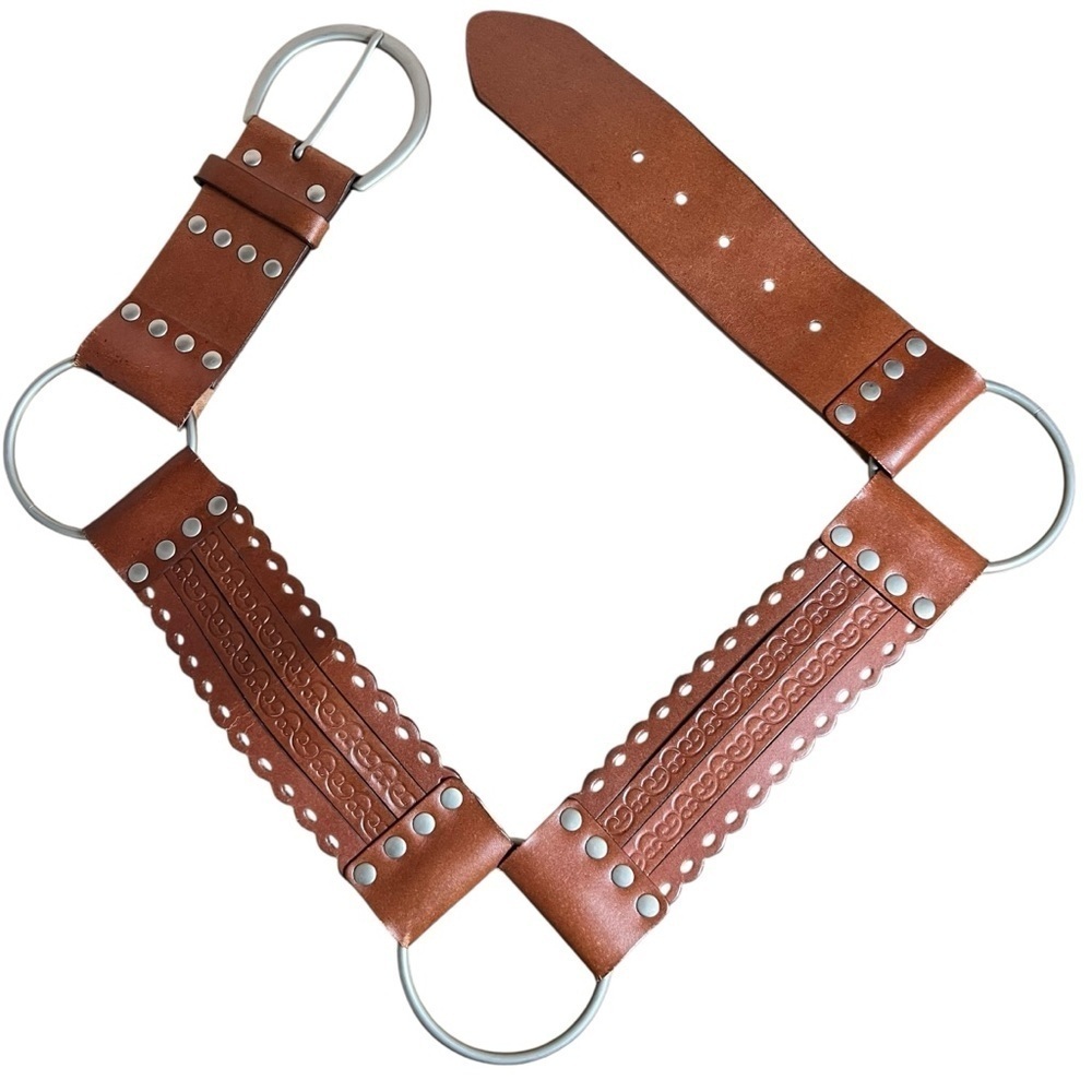 Brown Tooled Leather Wide Statement Belt Rings Boho Waist Festival Women’s Sz S - Picture 7 of 11